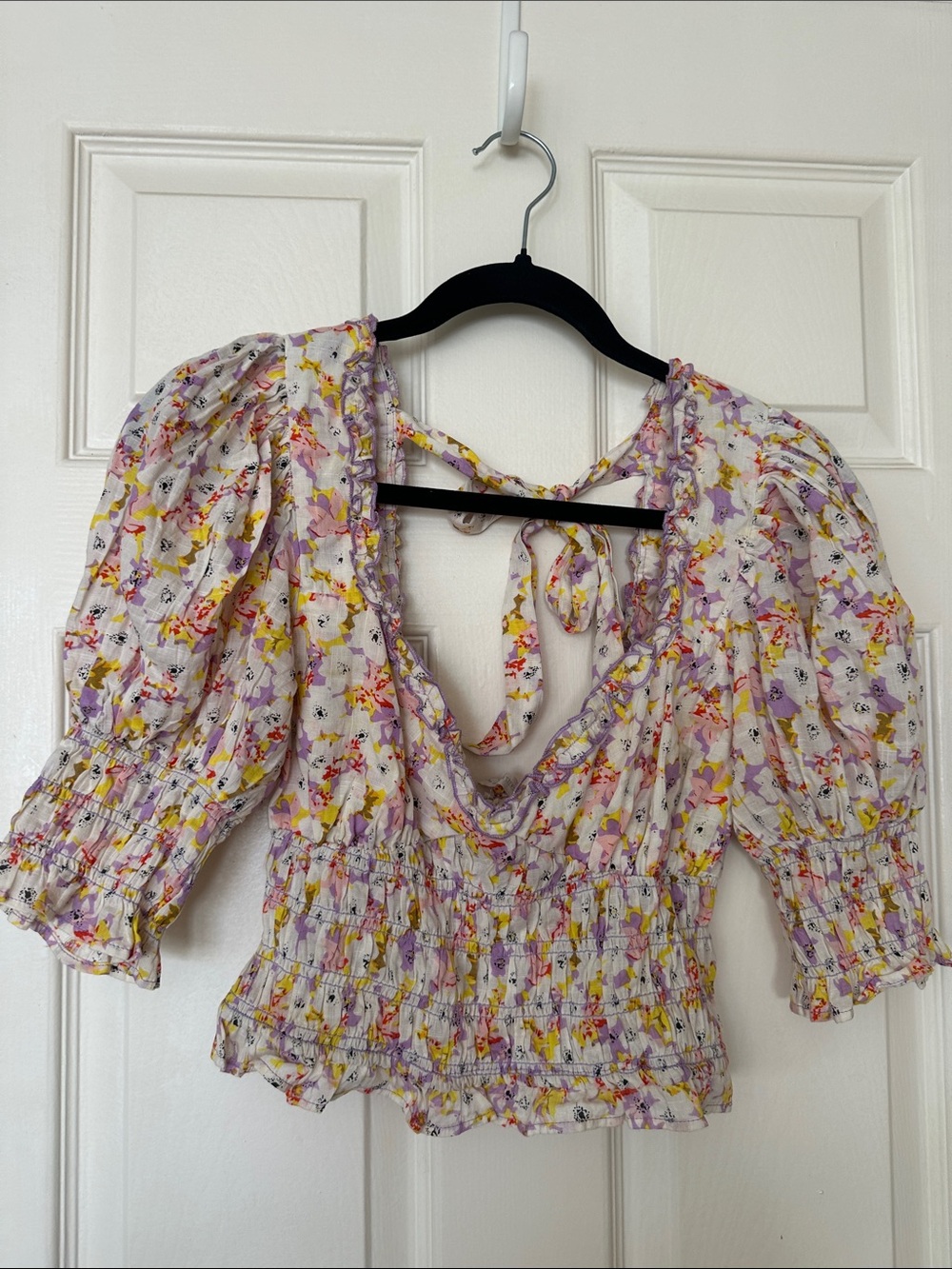 Urban Outfitters Cream Crop top Floral Tie-Back Smocked Blouse